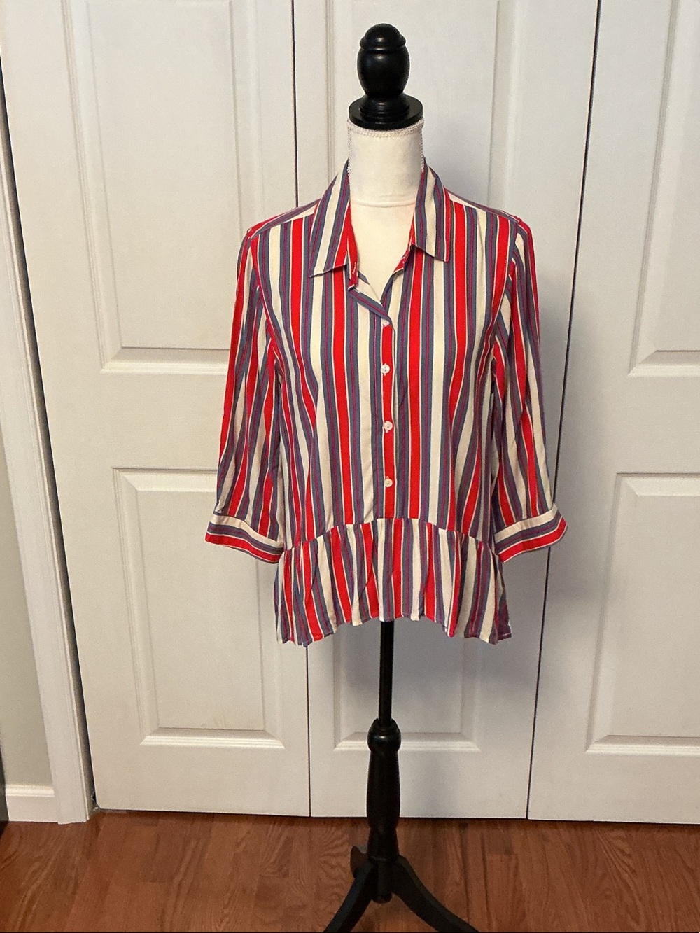 Velvet Heart Red White and Blue Striped Button-Down Peplum Top